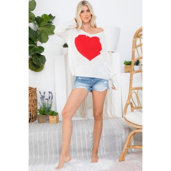 SOLD OUT White Red Heart Knit V-Neck Valentines Day Long Sleeve Relaxed Sweater - Picture 7 of 10